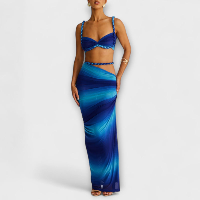 Jane - Tyylikäs gradienttikuvioinen kudottu crop-top ja overskirt -yhdistelmä
