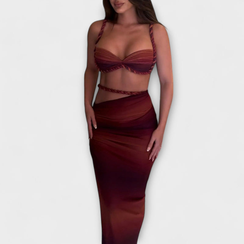 Jane - Tyylikäs gradienttikuvioinen kudottu crop-top ja overskirt -yhdistelmä