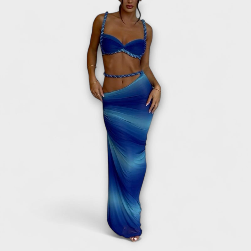Jane - Tyylikäs gradienttikuvioinen kudottu crop-top ja overskirt -yhdistelmä