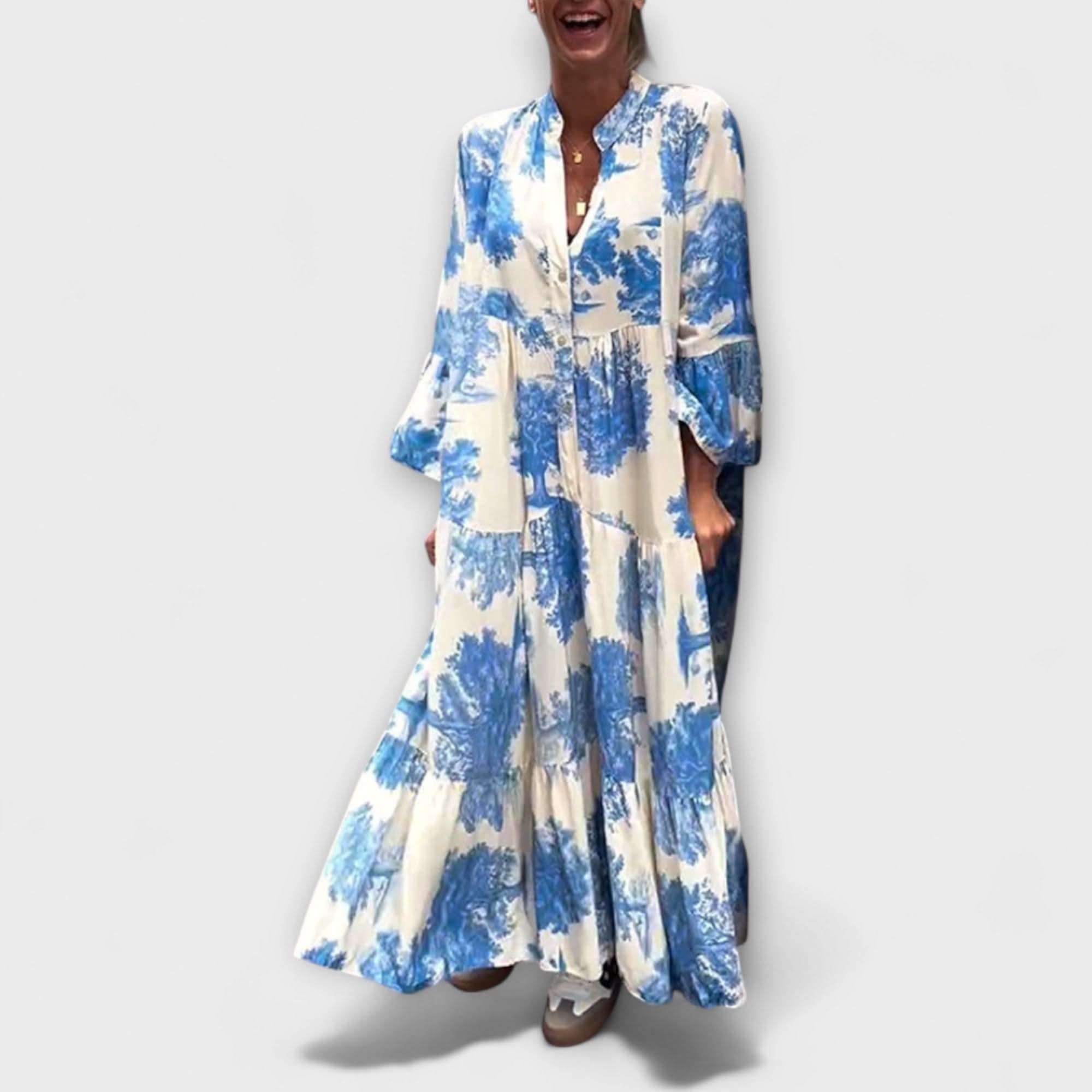 Nerina - Tyylikkäät kukkakuosiset maksimekot" could be rewritten as "Nerina - Elegant Flower-Patterned Maxi Dresses.