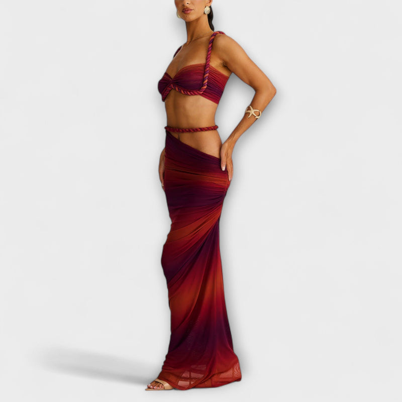Jane - Tyylikäs gradienttikuvioinen kudottu crop-top ja overskirt -yhdistelmä