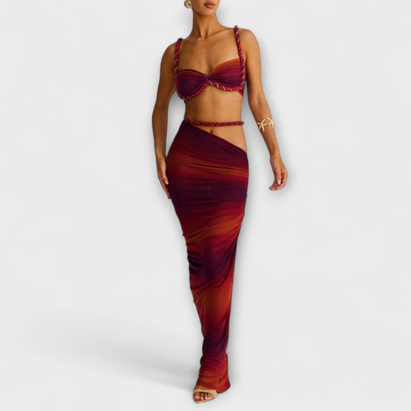 Jane - Tyylikäs gradienttikuvioinen kudottu crop-top ja overskirt -yhdistelmä