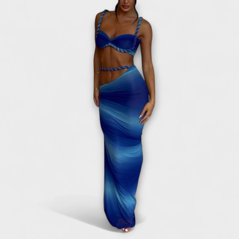 Jane - Tyylikäs gradienttikuvioinen kudottu crop-top ja overskirt -yhdistelmä