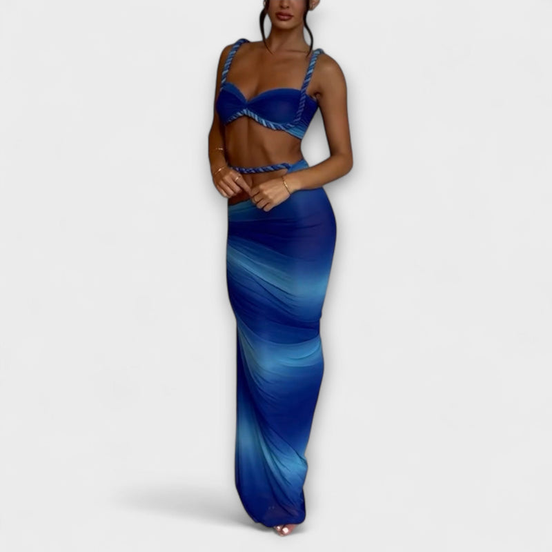Jane - Tyylikäs gradienttikuvioinen kudottu crop-top ja overskirt -yhdistelmä