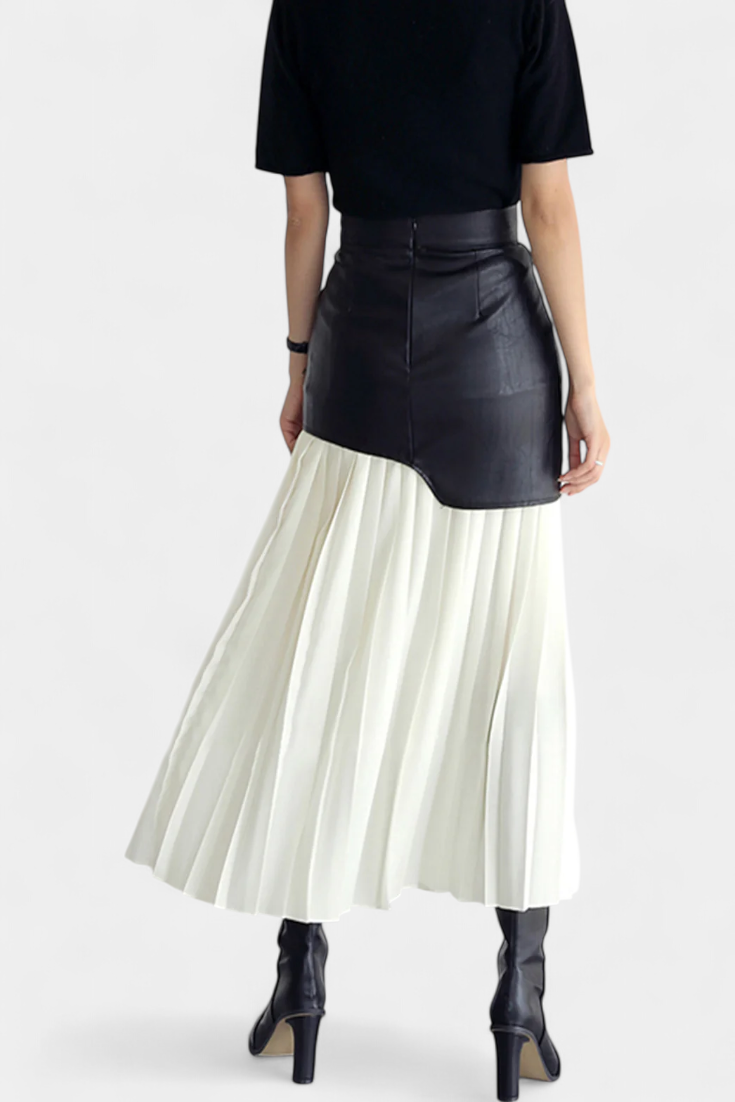 Noelle | Asymmetric Maxi Dress in Chiffon and Faux Leather