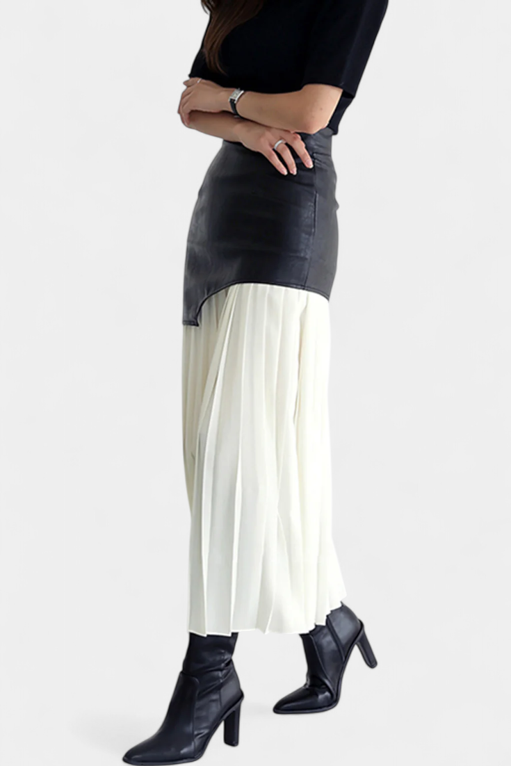 Noelle | Asymmetric Maxi Dress in Chiffon and Faux Leather