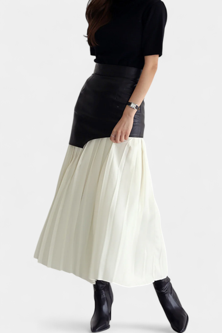 Noelle | Asymmetric Maxi Dress in Chiffon and Faux Leather