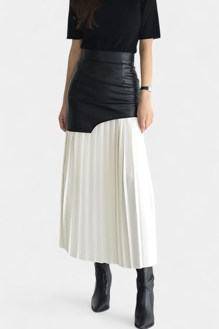 Noelle | Asymmetric Maxi Dress in Chiffon and Faux Leather