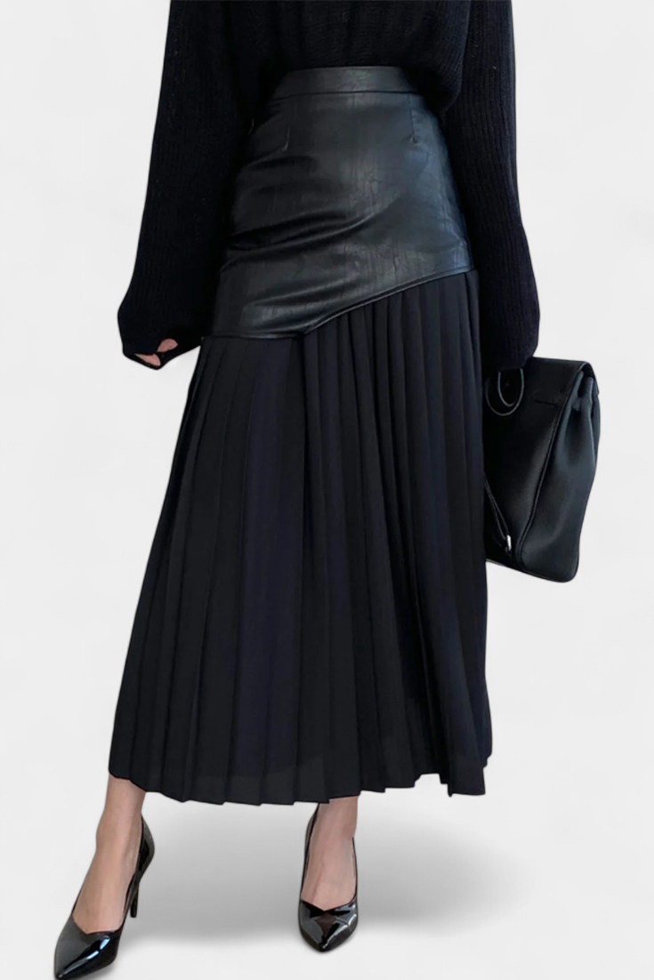 Noelle | Asymmetric Maxi Dress in Chiffon and Faux Leather