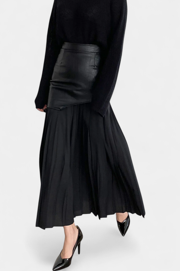 Noelle | Asymmetric Maxi Dress in Chiffon and Faux Leather
