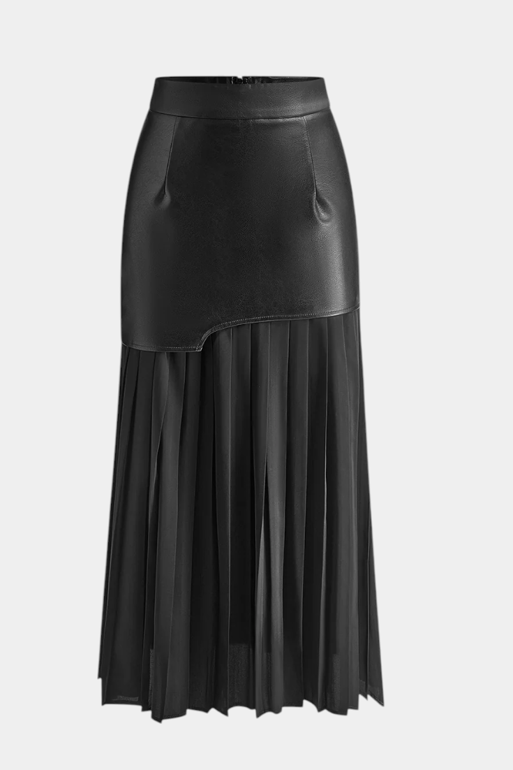 Noelle | Asymmetric Maxi Dress in Chiffon and Faux Leather
