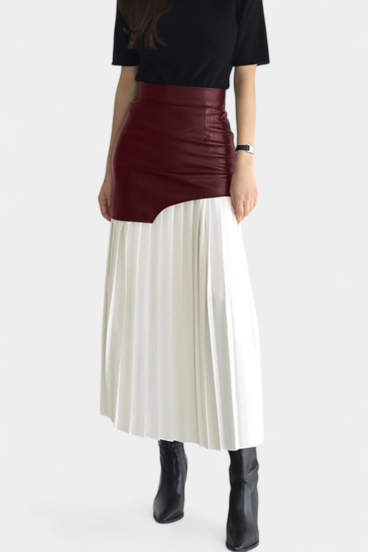 Noelle | Asymmetric Maxi Dress in Chiffon and Faux Leather