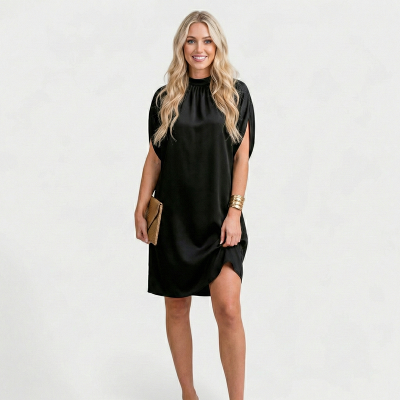 Trudy | Sleek Satin Dress with Zipper Collar