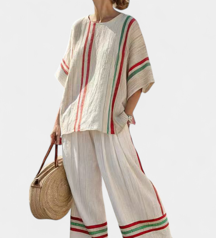 Mia – Boho-tyylinen painettu paita ja mukavat leveät housut