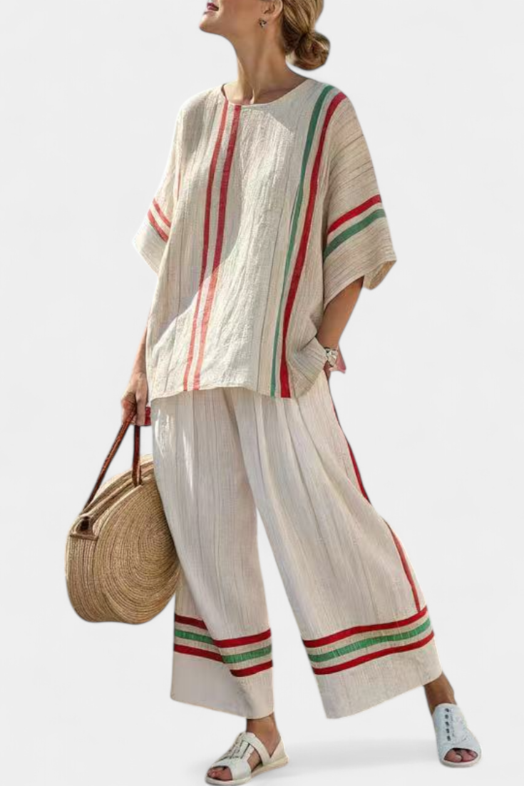 Mia – Boho-tyylinen painettu paita ja mukavat leveät housut
