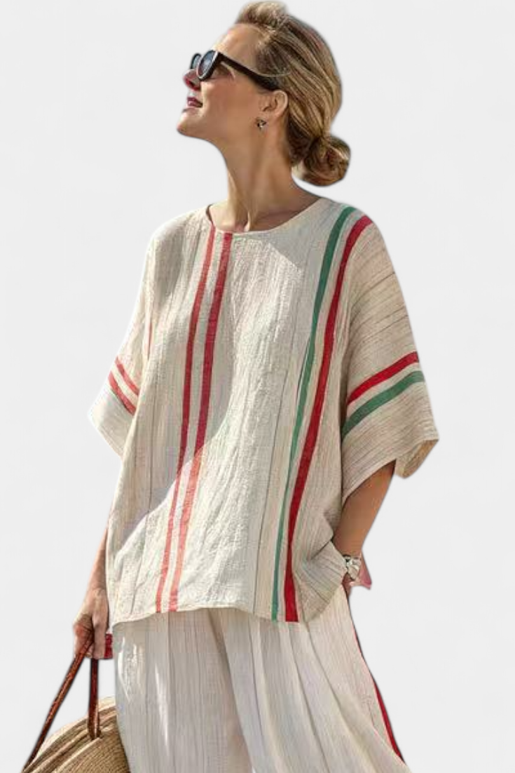 Mia – Boho-tyylinen painettu paita ja mukavat leveät housut