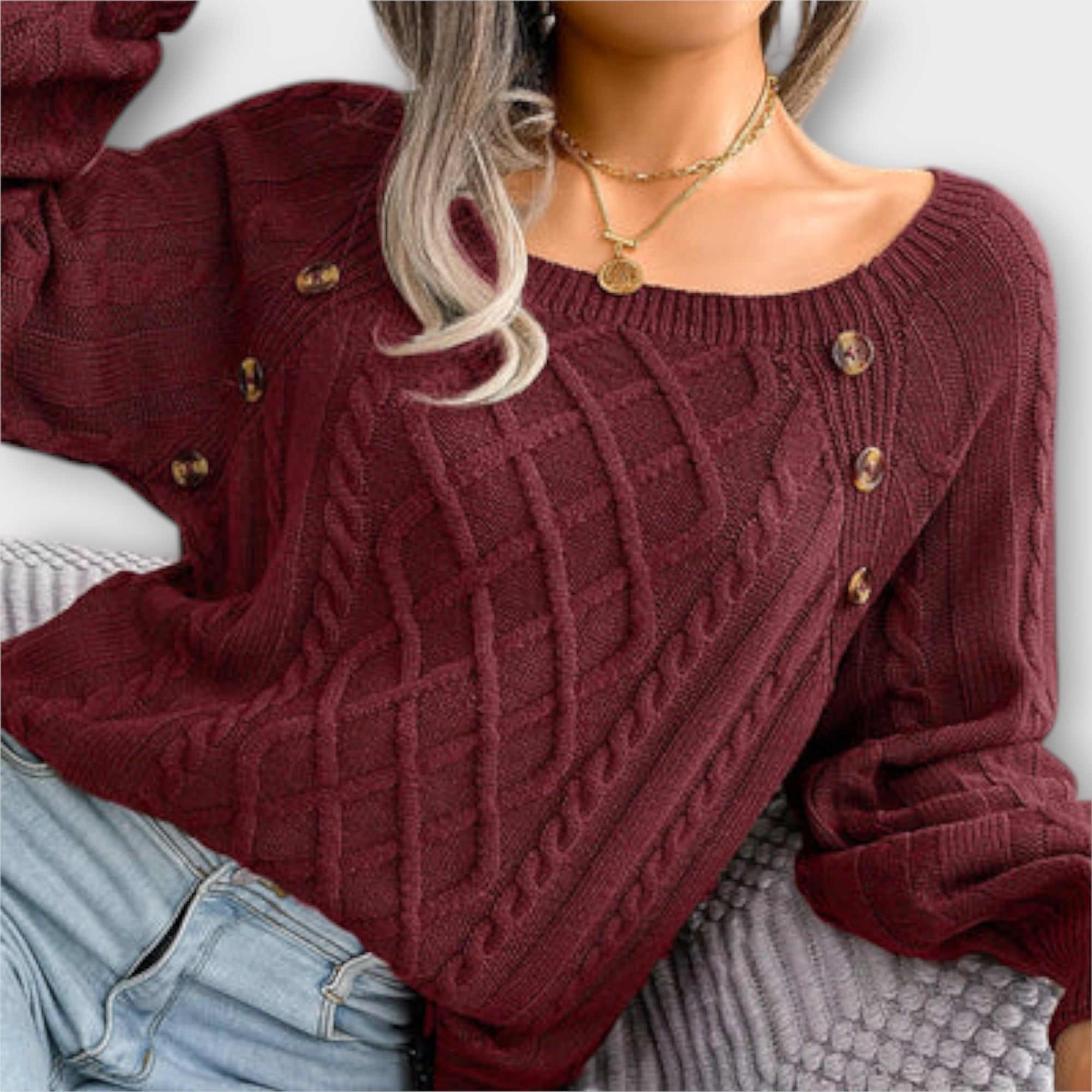 "Malia - Napillinen Neulepaita" can be rewritten as "Malia - Napillinen Neulepaita (Button-Up Knit Sweater)".