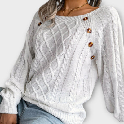 "Malia - Napillinen Neulepaita" can be rewritten as "Malia - Napillinen Neulepaita (Button-Up Knit Sweater)".