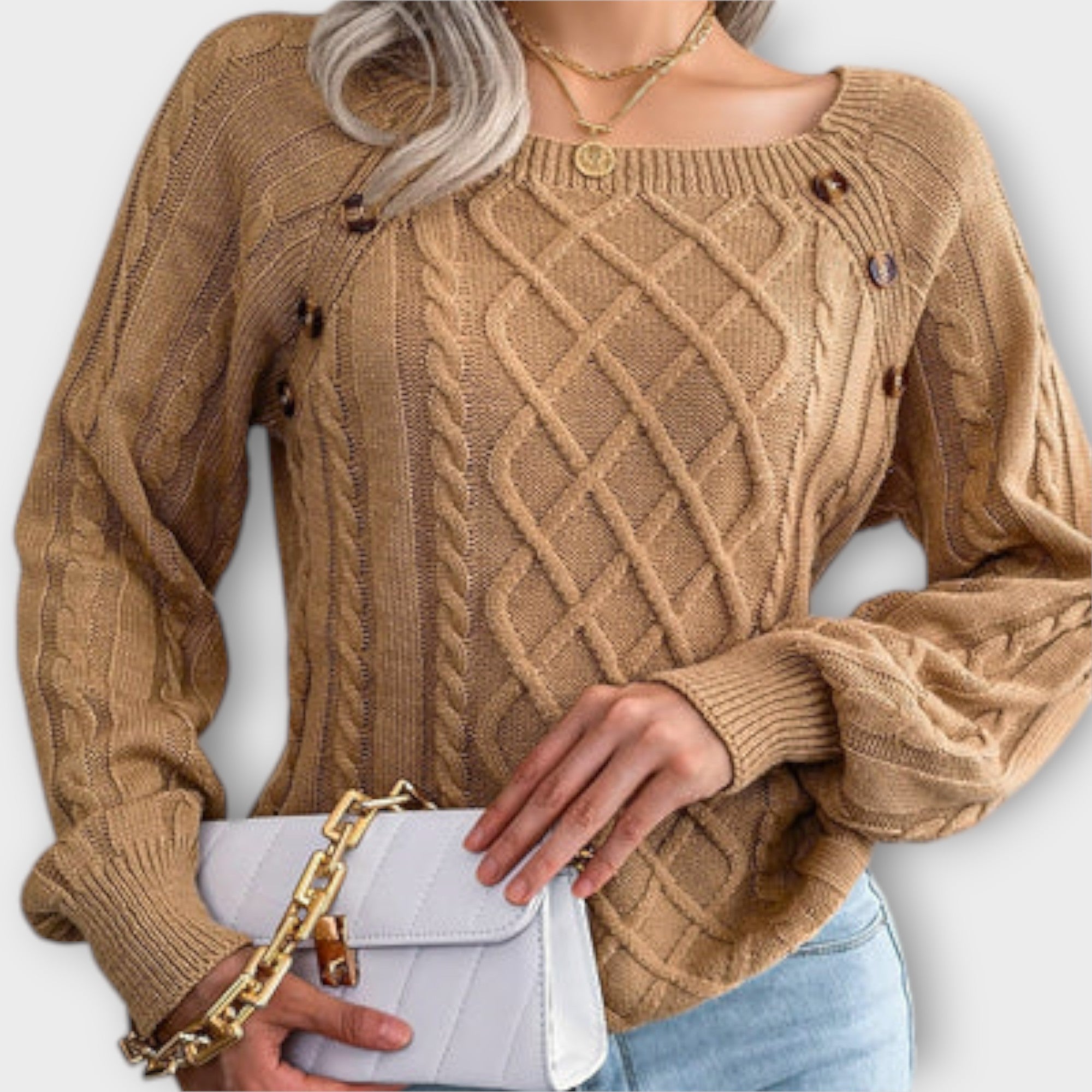 "Malia - Napillinen Neulepaita" can be rewritten as "Malia - Napillinen Neulepaita (Button-Up Knit Sweater)".