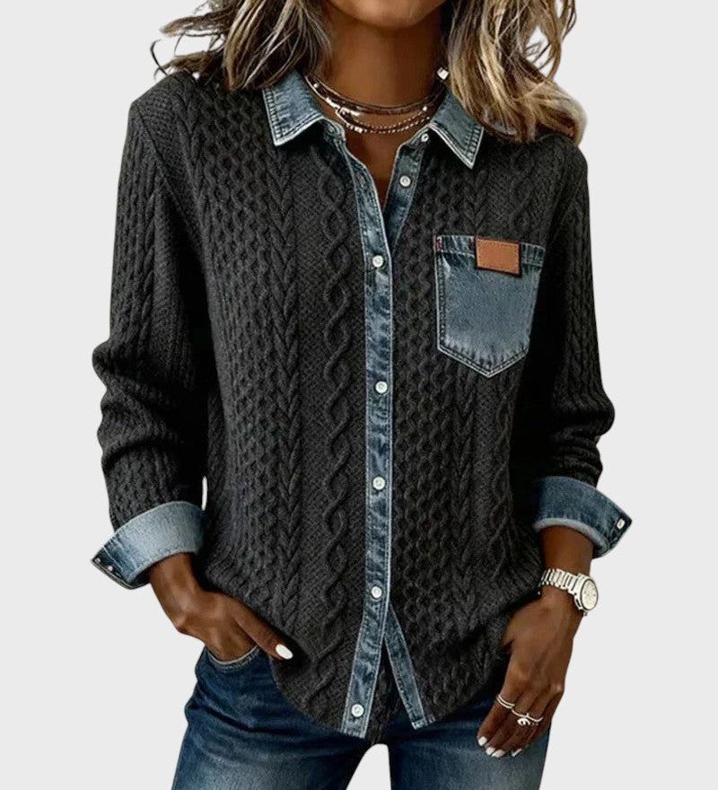 Mia | Knitted Cardigan with Denim Details