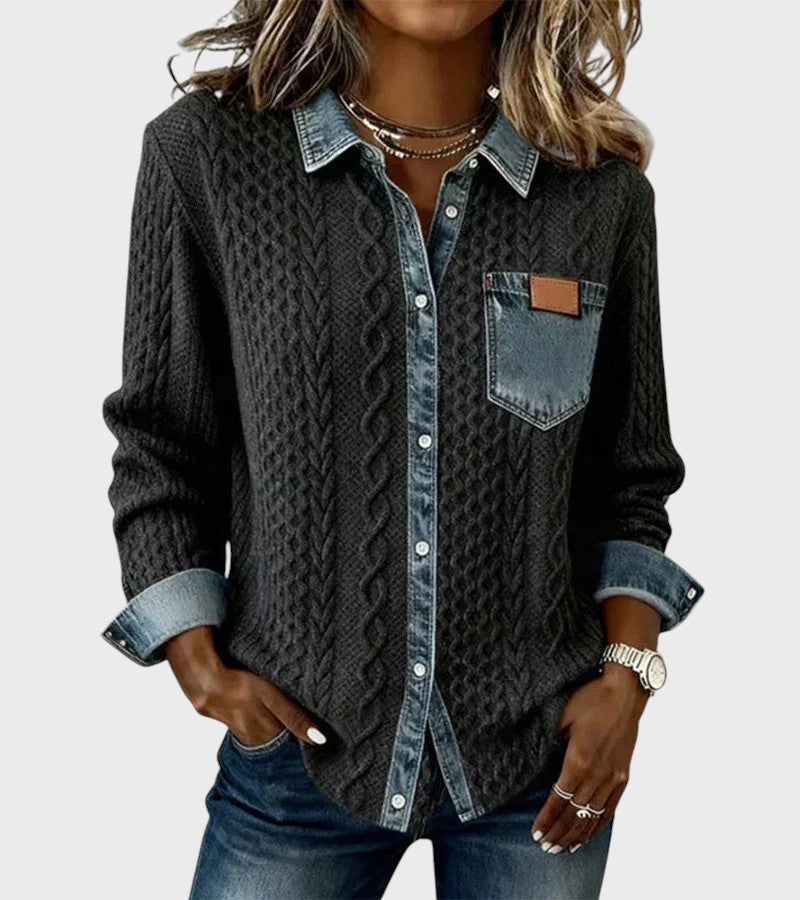 Mia | Knitted Cardigan with Denim Details