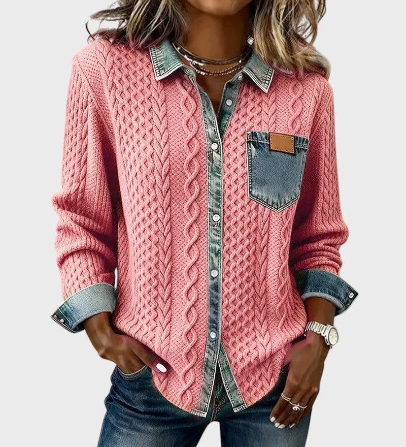 Mia | Knitted Cardigan with Denim Details