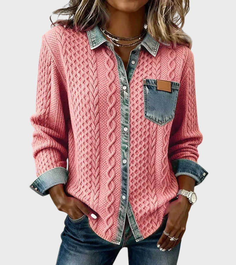 Mia | Knitted Cardigan with Denim Details
