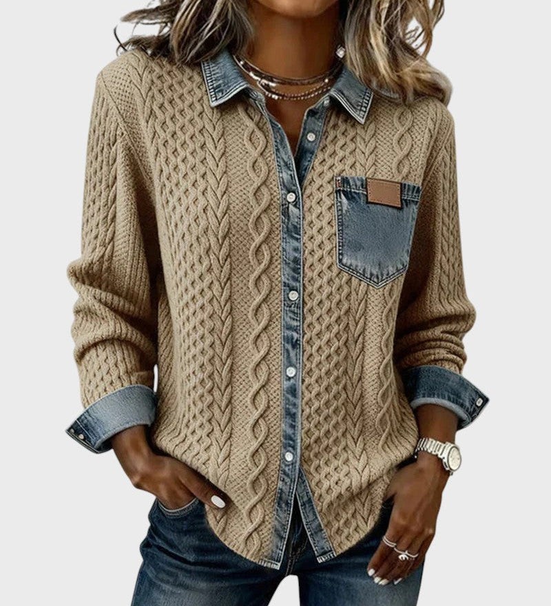 Mia | Knitted Cardigan with Denim Details
