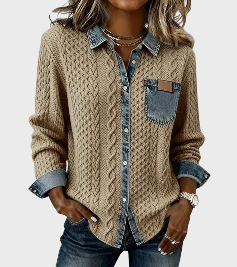 Mia | Knitted Cardigan with Denim Details