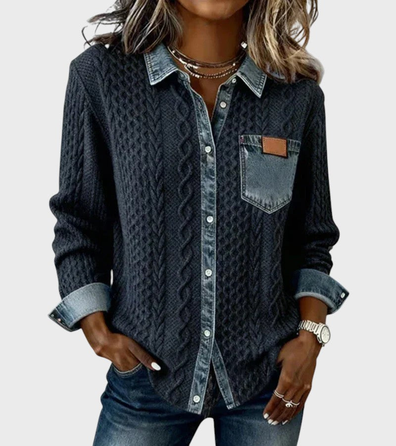 Mia | Knitted Cardigan with Denim Details