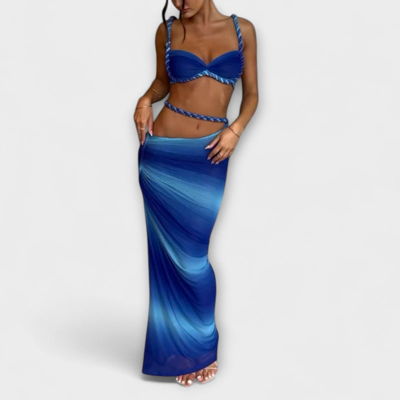 Jane - Tyylikäs gradienttikuvioinen kudottu crop-top ja overskirt -yhdistelmä