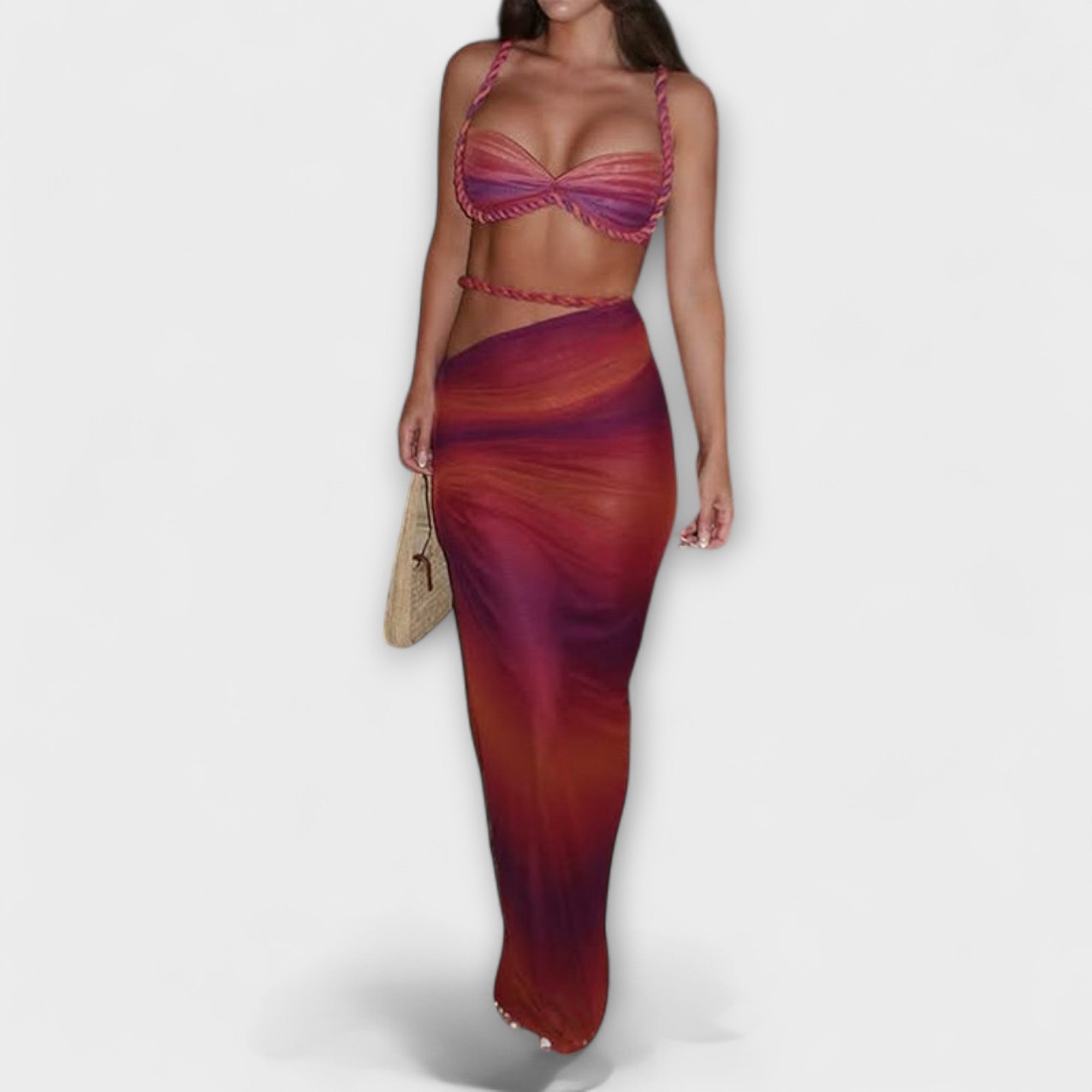 Jane - Tyylikäs gradienttikuvioinen kudottu crop-top ja overskirt -yhdistelmä