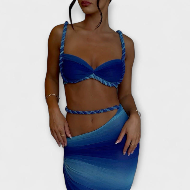 Jane - Tyylikäs gradienttikuvioinen kudottu crop-top ja overskirt -yhdistelmä