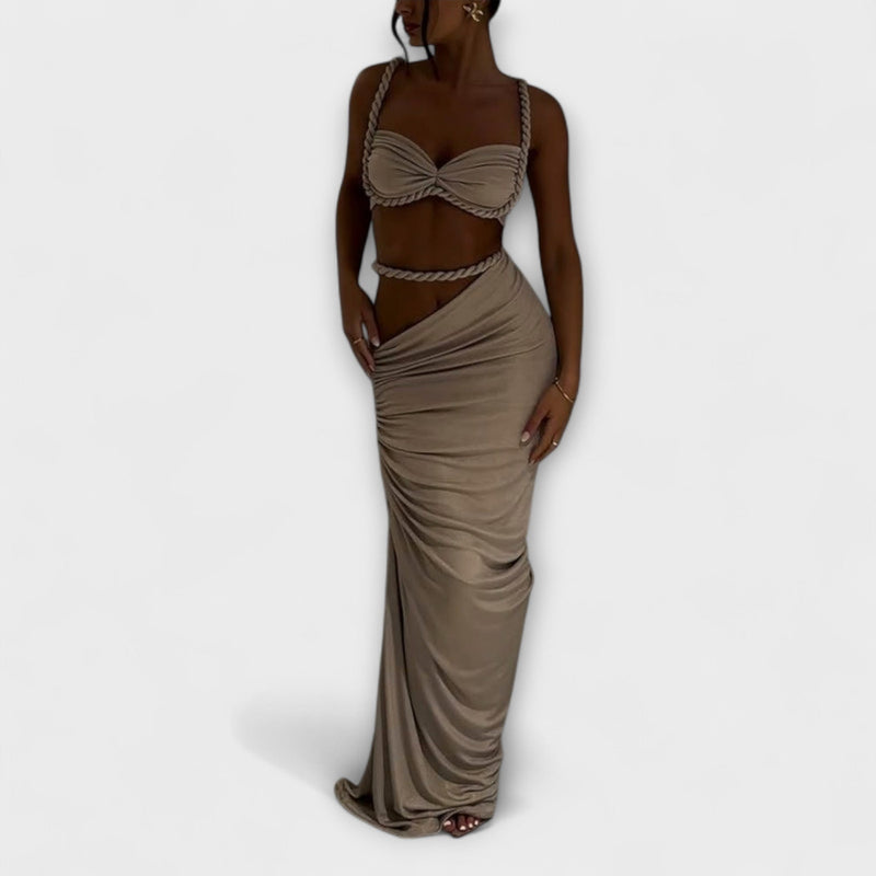 Jane - Tyylikäs gradienttikuvioinen kudottu crop-top ja overskirt -yhdistelmä