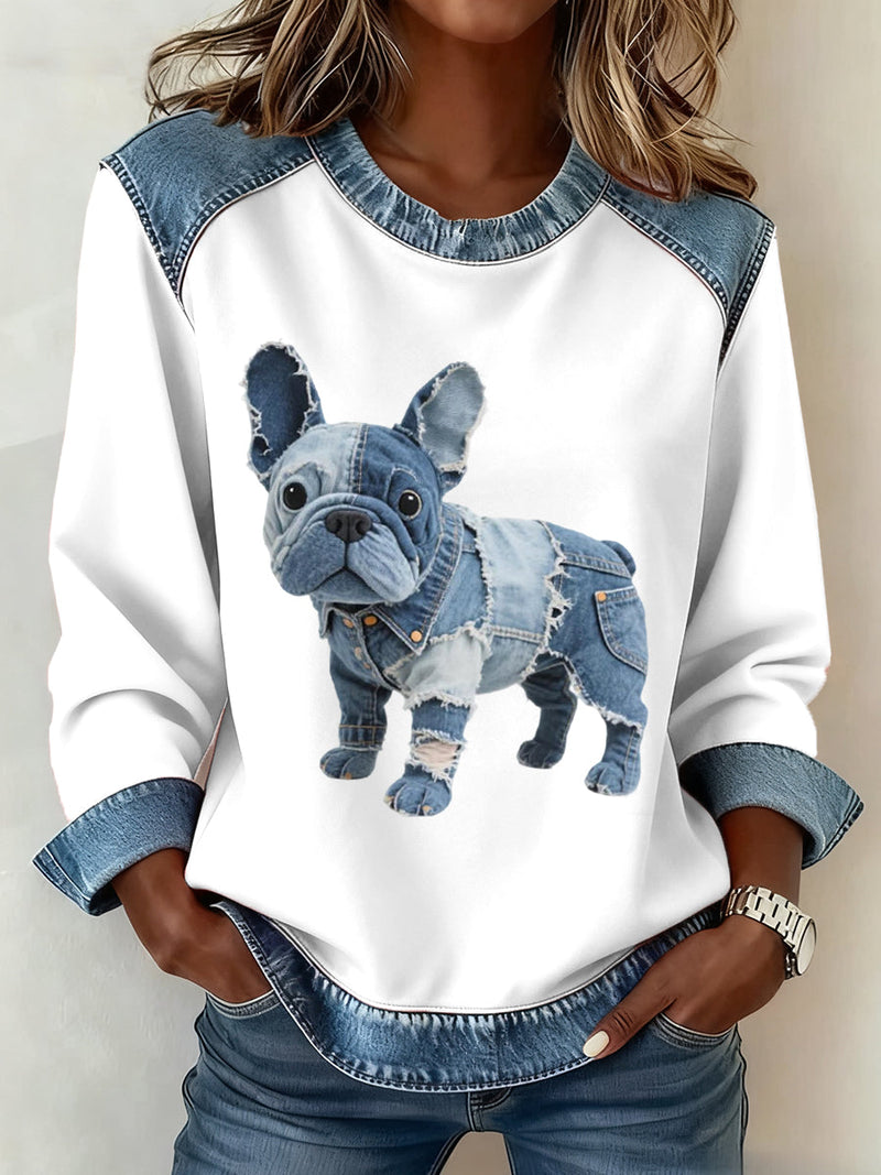 Alma - Naisten neule denim-patchwork-tyylillä ranskalaiselle bulldogille
