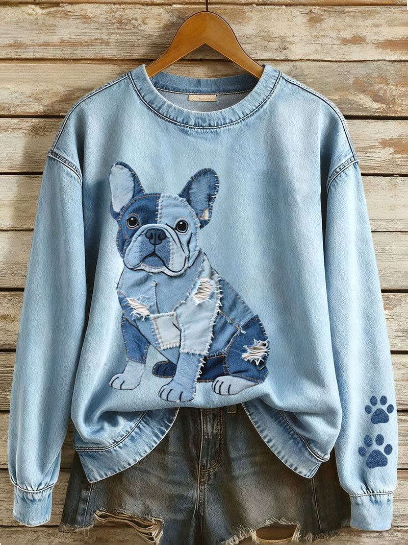 Nina - Naisten villapaita denim-patchwork Ranskan bulldog -tyylillä