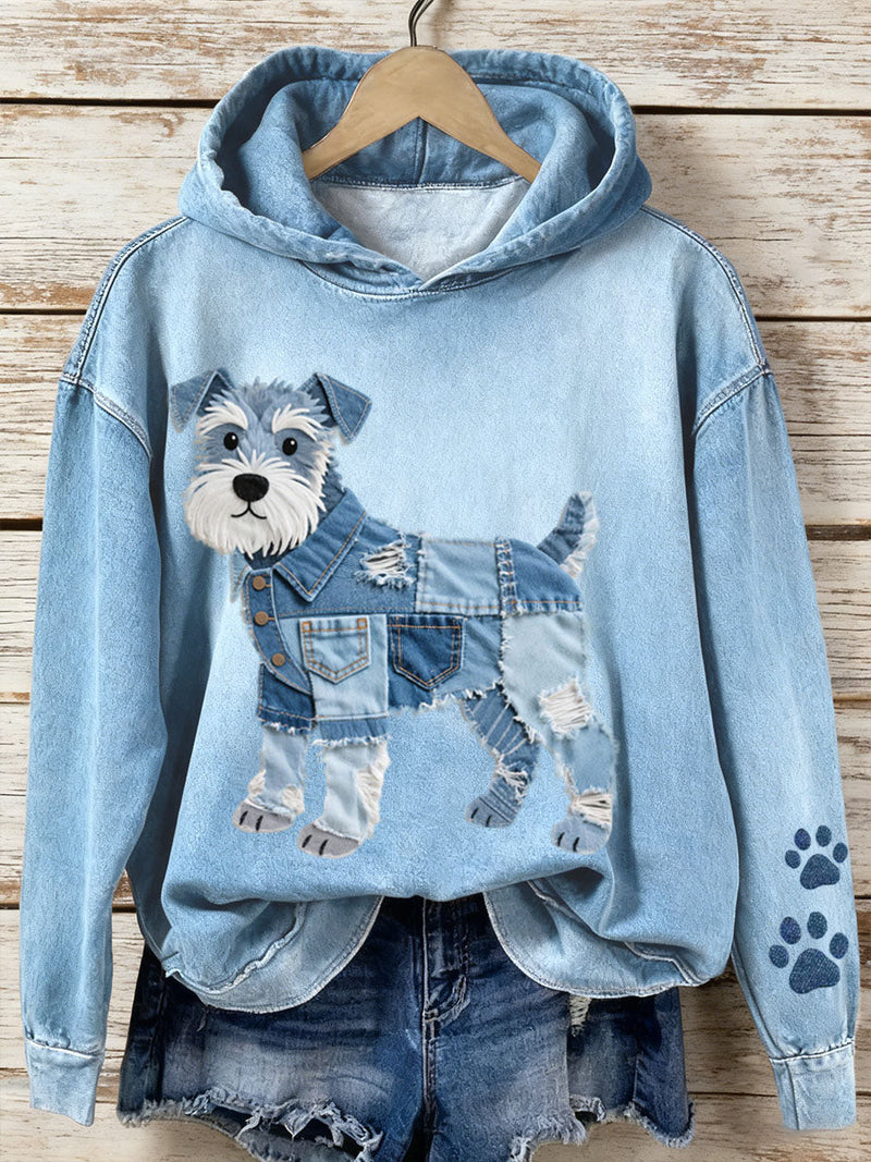 Lola - Denim Huppari Naisille Patchwork-taiteella ja Schnauzer-koiran Kuvalla