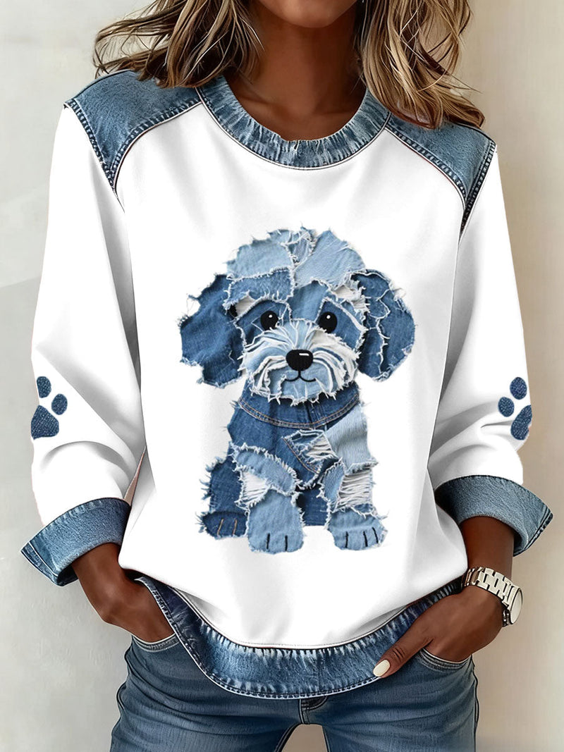 Luz - Naisten mikrofleece-patchwork-kuvioinen ja denim-painettu karvainen koira