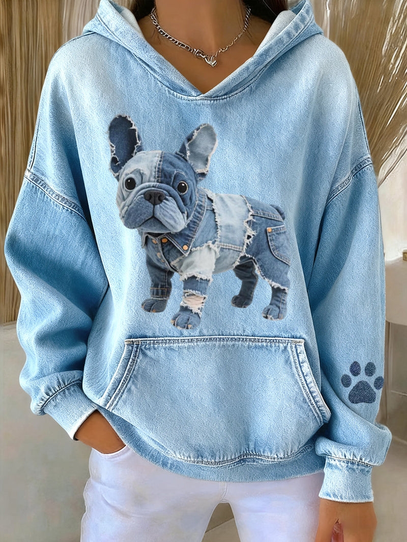 Blanca - Naisten huppari ranskalaisella bulldogilla ja denim-applikaatiolla
